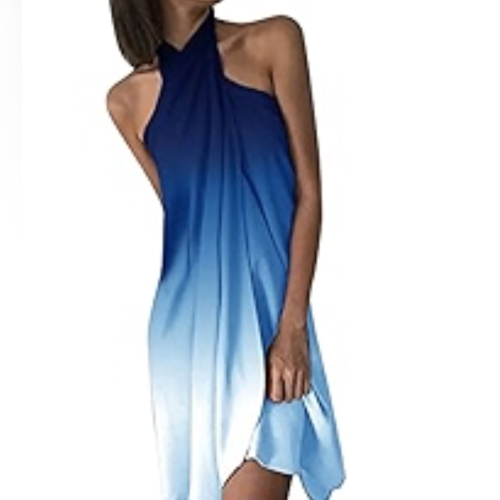 Blue Gradient Summer Criss Cross Halter Neck swimsuit cover up dress. Med- NWOT